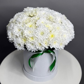 Композиция в шляпной коробке "Виолетта" из кустовых хризантем в Дмитрове